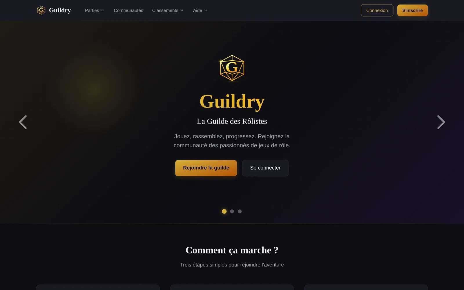 Page d'accueil de la plateforme Guildry