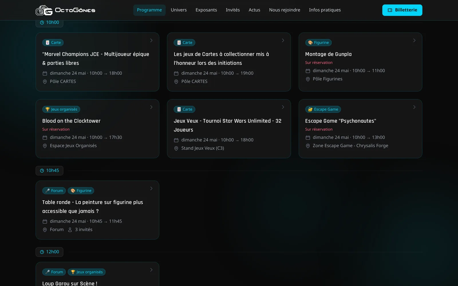 Programme de la convention OctoGônes, filtrable par jour et par lieu