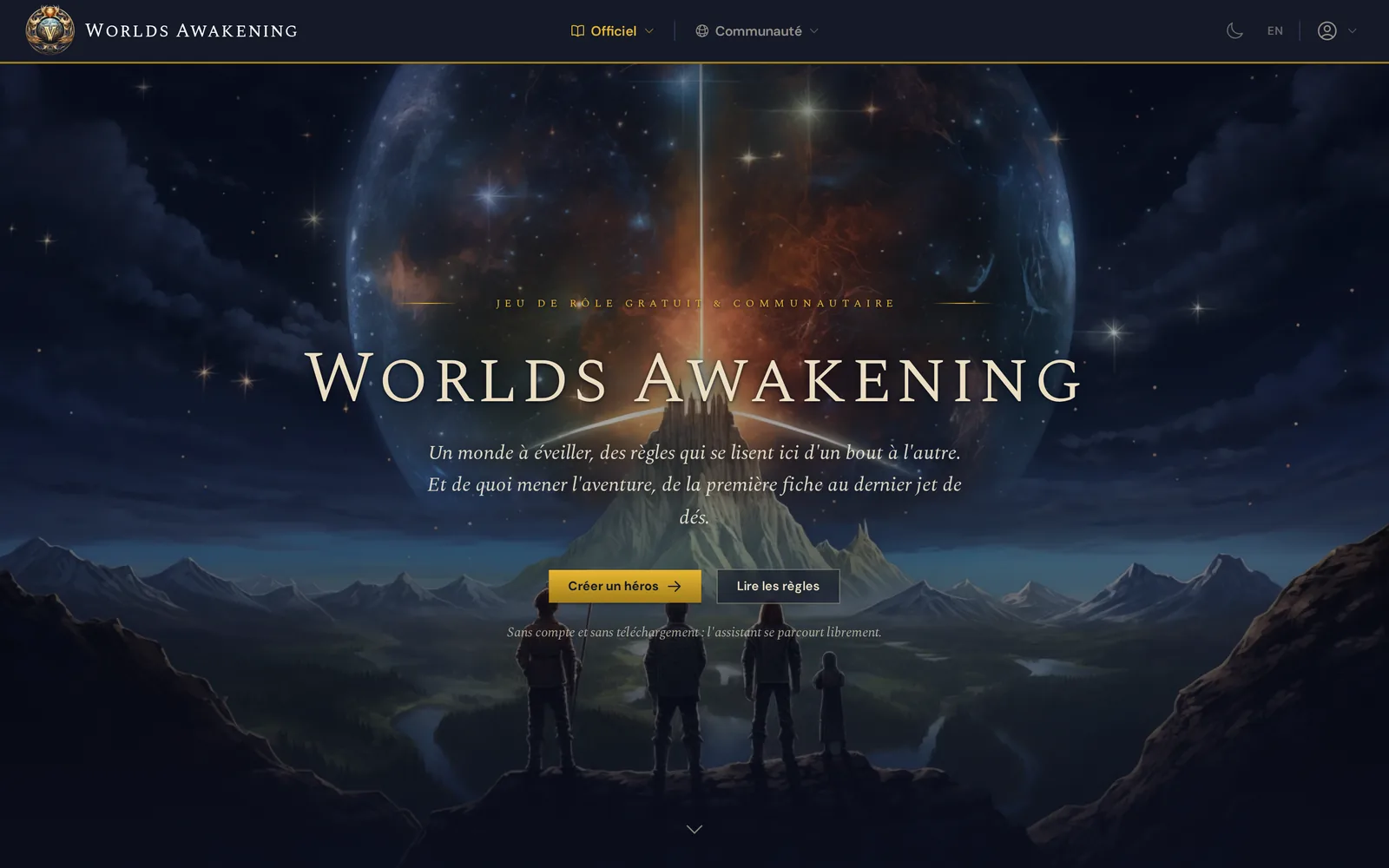 Page d'accueil de la plateforme Worlds Awakening